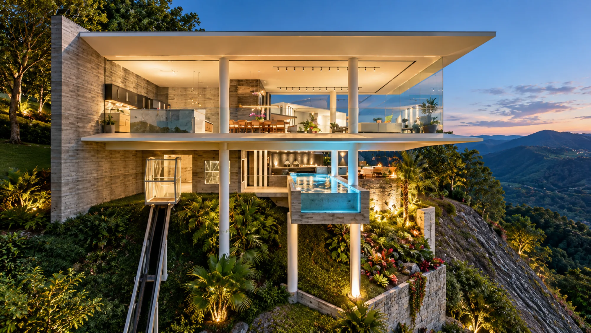 Residência contemporânea em encosta ao entardecer