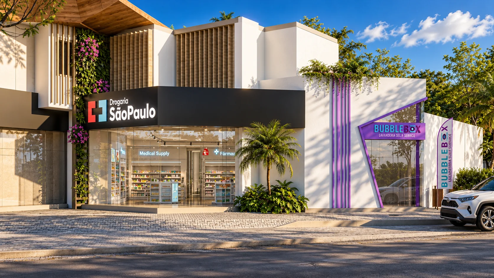 Conjunto comercial com Drogaria São Paulo e Bubblebox